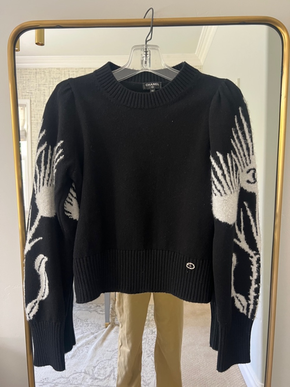 CHANEL Black & White Crewneck Sweater with Crane Sleeve Motif